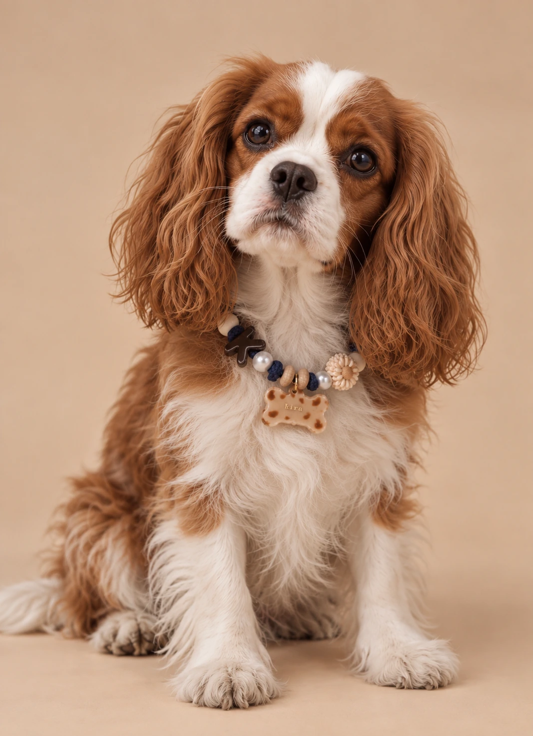 Cavalier King Charles Spaniel Kira con collanina Prestige e targhetta in resina con il nome.